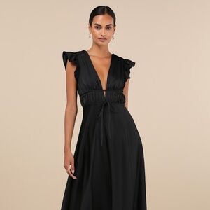 Lulus I'm All Yours Black Satin Cutout Ruffled Maxi Dress - Size XS